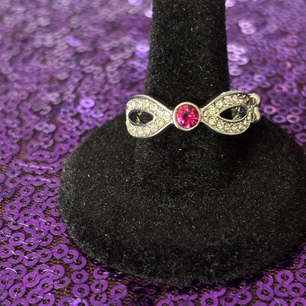 paparazzi Silver Bow Ring with Pink Center Stone and Clear Accents